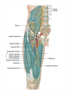 The diagram shows the structure of peripheral nerves, nerve plexus, and spinal nerves with labels in the lumbar and thigh regions.