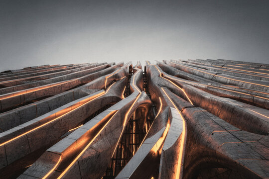 Low angle view of futuristic parametric concrete architecture with glowing orange neon light lines reaching towards the sky