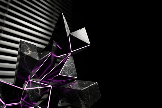 Abstract 3D geometric black marble sculpture with illuminated glowing purple neon edges against a dark background