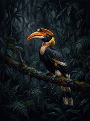 Obraz premium Majestic Great Hornbill Portrait in Lush Rainforest Habitat Exotic Bird Wildlife Photography Digital Art Illustration Deep Jungle Foliage Dark Moody Atmosphere Detailed Plumage Tropical Ecosystem Wild