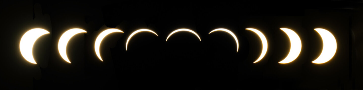 Phases of the partial solar eclipse as seen in Brittany, C&ocirc;tes d'Armor, France on August 12, 2026. Panoramic photo collage.