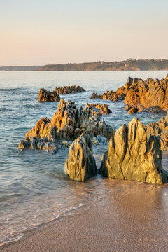 View of rocks on Beg Douar beach near Lannion, C&ocirc;tes d'Armor, Brittany landscape, France