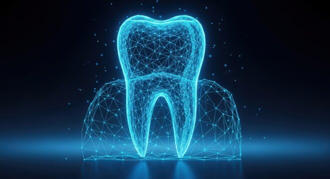 Digital glowing blue tooth model made of wireframe mesh structure illustration