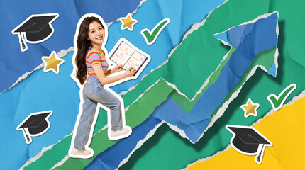 Fototapeta premium East asian student holding planner amid torn paper collage with graduation caps stars and green check marks