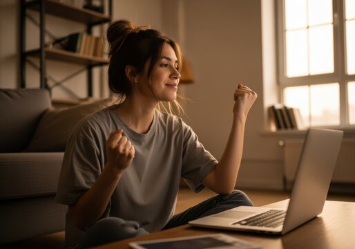 Happy young woman celebrates an online achievement with an enthusiastic fist gesture while using her laptop on the living room floor