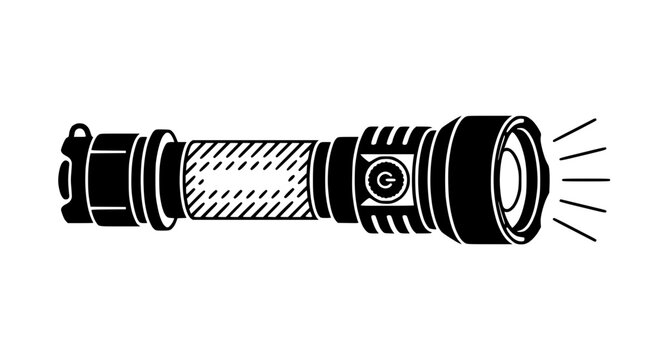 Black and white illustration of a tactical flashlight emitting light beams.