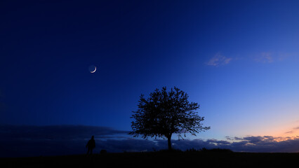 Silhouette of a person in nature observing night sky, Moon, stars and planets from a remote location. © astrosystem