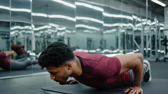 Man performs push-ups on gym floor. Mirror reflects his focused effort. Dark maroon shirt suits his workout. Clean, well-lit gym space. His expression shows determination. No animals or plants present