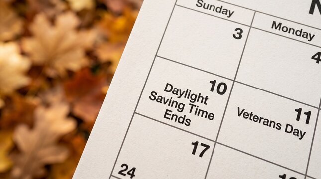 Daylight Saving Time Ends calendar page showing November 10th and Veterans Day with autumn leaves background. Close-up of seasonal dates for time change and holiday reminder.