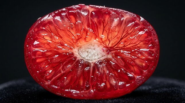 Fresh pomegranate arils cross section with ruby red seeds and white membranes