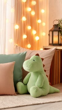 A cozy indoor setting with a green plush dinosaur and soft cushions beside decorative lights
