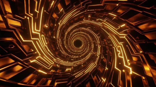 Abstract Golden Swirl Tunnel of Light, Futuristic Tech Background, Digital Art