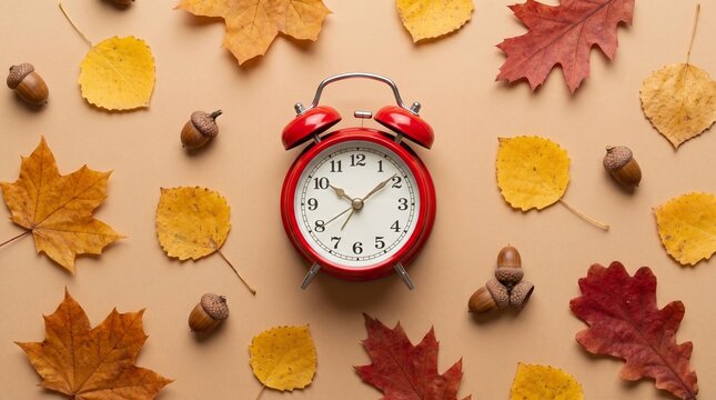 Autumn time change alarm clock with fall leaves and acorns on beige background. Flat lay concept for daylight saving time, seasonal schedule, and autumn morning mood.