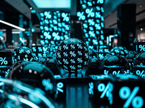 Futuristic retail scene with glowing percentage signs on spheres in modern store