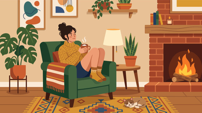 Woman sitting in armchair with coffee by a cozy fireplace