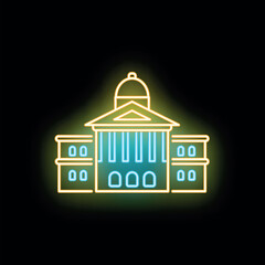 Fototapeta premium Capitol building icon glowing in yellow and blue neon light on dark background