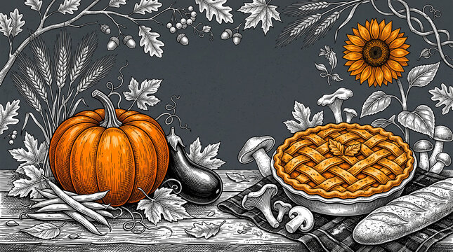 Illustration of autumn harvest bounty with pumpkin, pie, bread, and sunflower, representing abundance, harvest, and seasonal celebration, free space for text