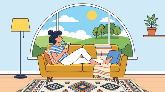 Woman relaxing on a cozy sofa with a drink by the window