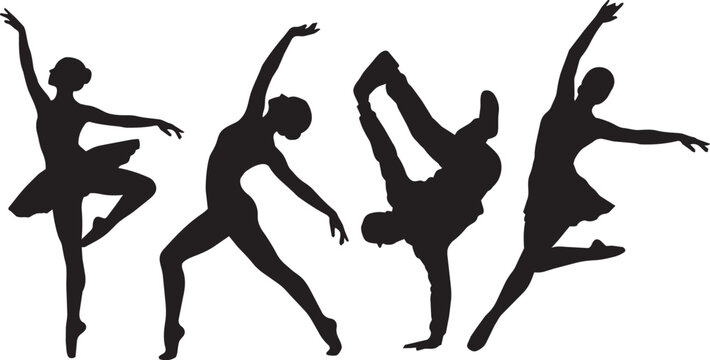 Four Dancers Silhouette Set &ndash; Ballet and Breakdance Poses on White Background

A silhouette illustration of four dancers in dynamic poses, showcasing a mix of classical ballet and modern breakdance 
