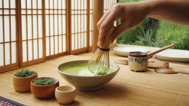 Preparing Matcha Green Tea.  A hand whisks matcha powder into a bowl of hot water.  Traditional Japanese tea ceremony tools and elements are visible