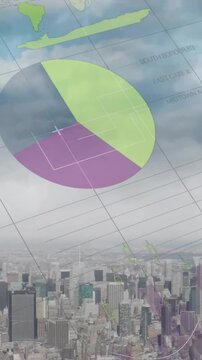 Animation of charts processing data over modern cityscape