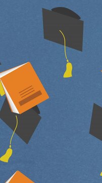 Animation of notebooks and graduation hats falling on blue background