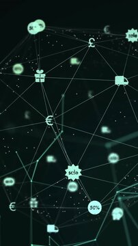 Animation of digital network of connections with icons over pink 2d cityscape model