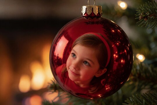 Extreme close-up showing a childs reflection in a glossy red Christmas ornament, set against a blurred backdrop of a Christmas tree and warm fireplace glow.