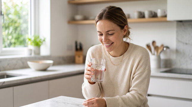 Relaxed female drinking fresh water from glass sitting at kitchen island health routine concept perfect for wellness goal