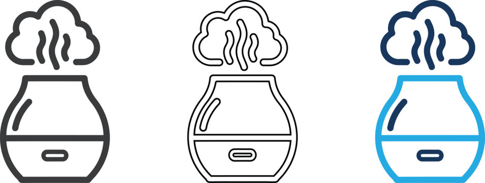 Aroma oil diffuser icon set featuring blue and gray color schemes for home relaxation and wellness branding.
