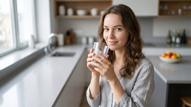 Portrait of woman drinking pure water from glass in modern gray kitchen vitality concept perfect for healthy habit design