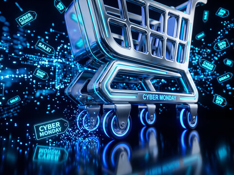 Cyber monday shopping cart surrounded by digital sale tags in futuristic display