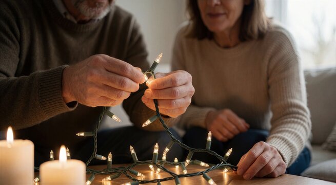 Two people are carefully arranging and untangling warm-white Christmas lights together indoors, creating a cozy holiday atmosphere.