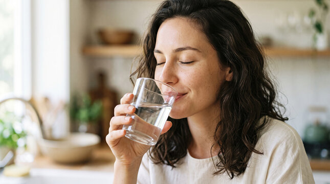 Young beautiful woman drinking water from glass with blurry kitchen background health concept perfect for wellbeing design