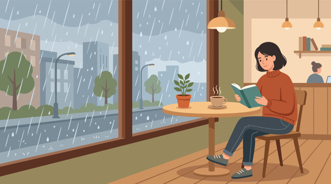 Woman reading a book in a cozy cafe on a rainy day