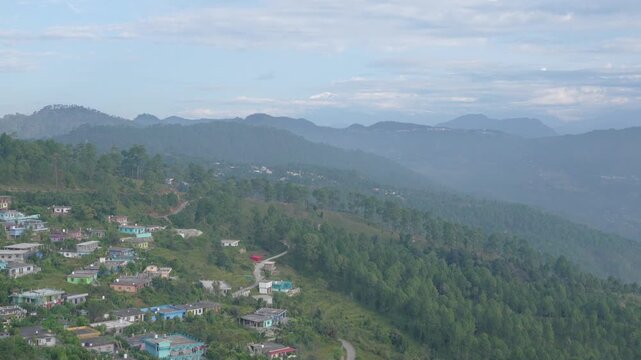 Panoramic View Over Berinag Town and Layered Pine Ridges in Kumaon, Uttarakhand