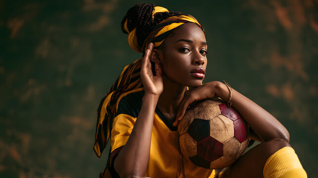 Adult African woman sitting in studio holding traditional soccer ball cupping ear.
