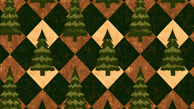 Christmas tree seamless pattern. Green and brown vintage Christmas background with christmas trees.