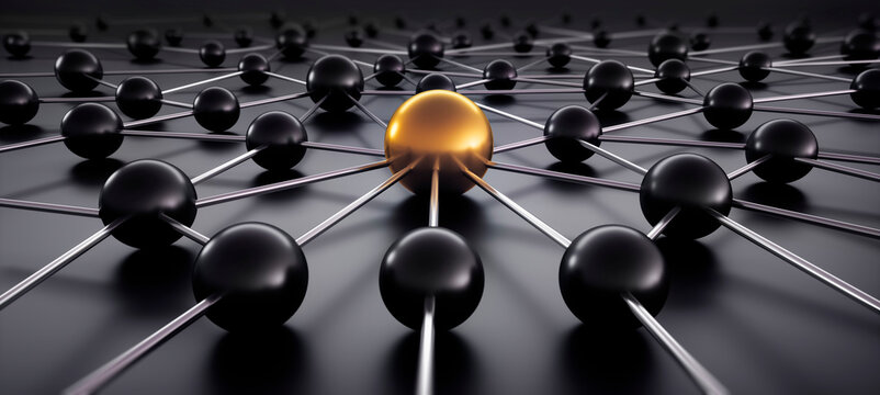 Black sphere network structure with golden sphere in center on dark background - abstract design connection design - 3D illustration