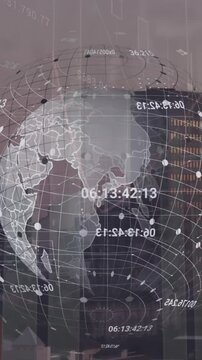 Animation of globe with data and diagrams over cityscape