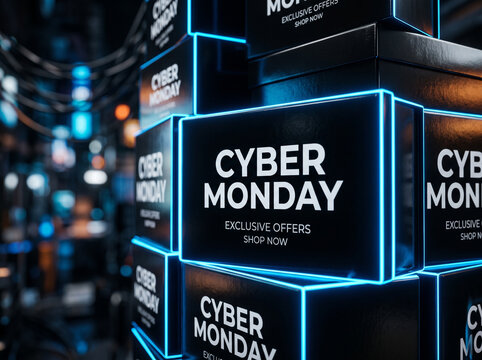 Cyber monday exclusive offers: neon-lit boxes highlight online shopping deals