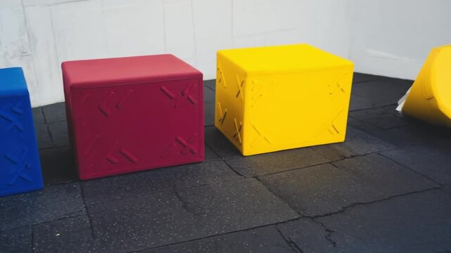 Three colorful, square-shaped, textured blocks in a row