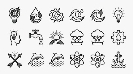 Fototapeta premium Clean Black and White Line Icons Set Featuring Energy Water Innovation Science and Nature Symbols