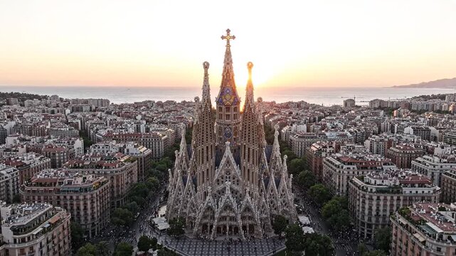Aerial Sunrise Over Sagrada Familia Barcelona Spain