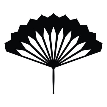 A detailed fan shape is presented as a stark black silhouette