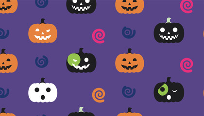 Obraz premium Seamless pattern of spooky Halloween pumpkins with different expressions and colorful swirls on purple background.