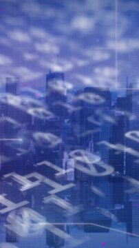 Animation of binary coding and digital data processing over cityscape