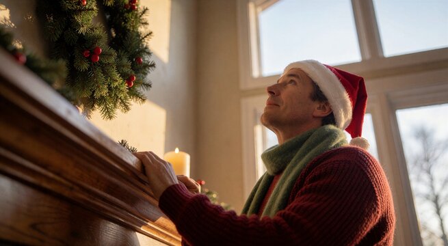 Man wearing a Santa hat looks up at a Christmas wreath on a mantelpiece, suggesting holiday decorating moments.