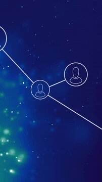 Animation of netowrk of connections with people icons over glowing spots on dark background