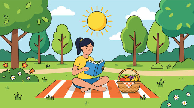 Girl reading a book on a picnic in a sunny park